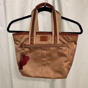 Coach Gold Sateen Brown Leather Trim Hampton Weekend Tote Handbag Tan Nylon
